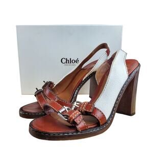 Chloé Chunky Heel Buckle Leather & Canvas Sandals - Size 9.5